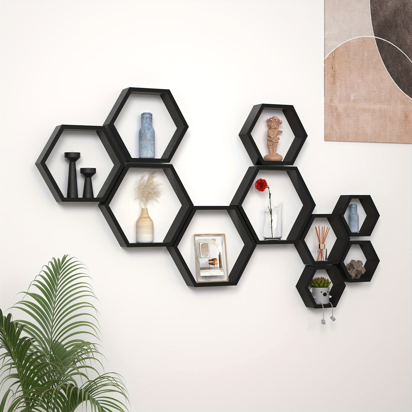 [Hexagon Floating Shelves] WONFUlity Hexagon Floating Shelves - Driftwood Finish Wall Mounted Wood Farmhouse Storage Shelf - For Bathroom, Kitchen, Bedroom, Living Room