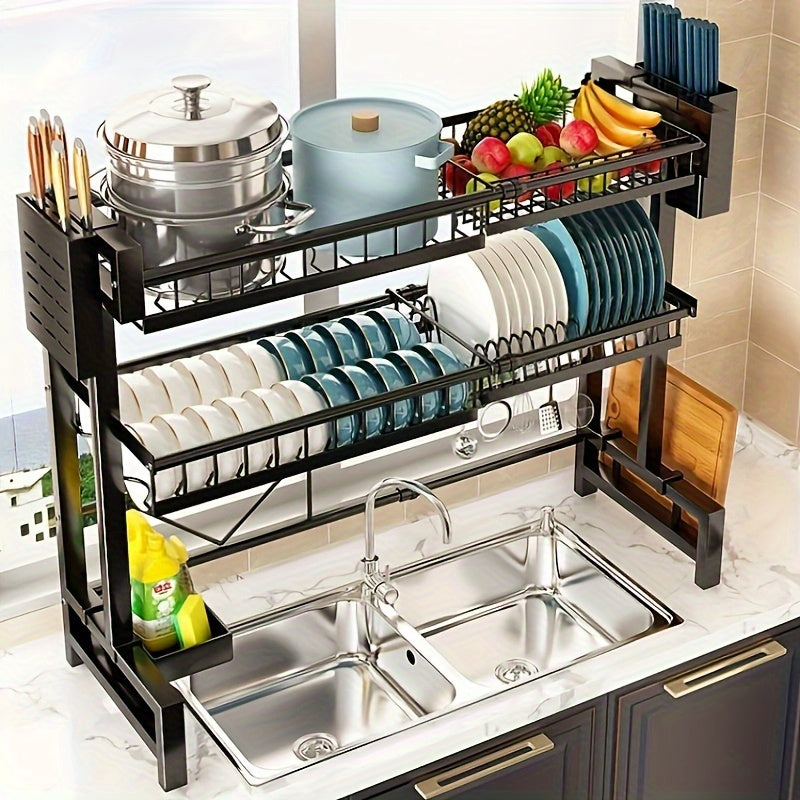 Expandable Black Kitchen Dish Rack Drainer - 1pc Countertop Dish Storage Drainage Rack - Kitchen Organizer Shelf