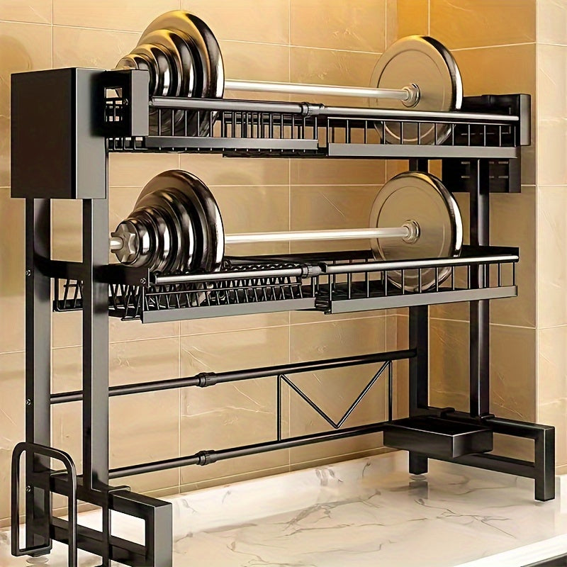 Expandable Black Kitchen Dish Rack Drainer - 1pc Countertop Dish Storage Drainage Rack - Kitchen Organizer Shelf