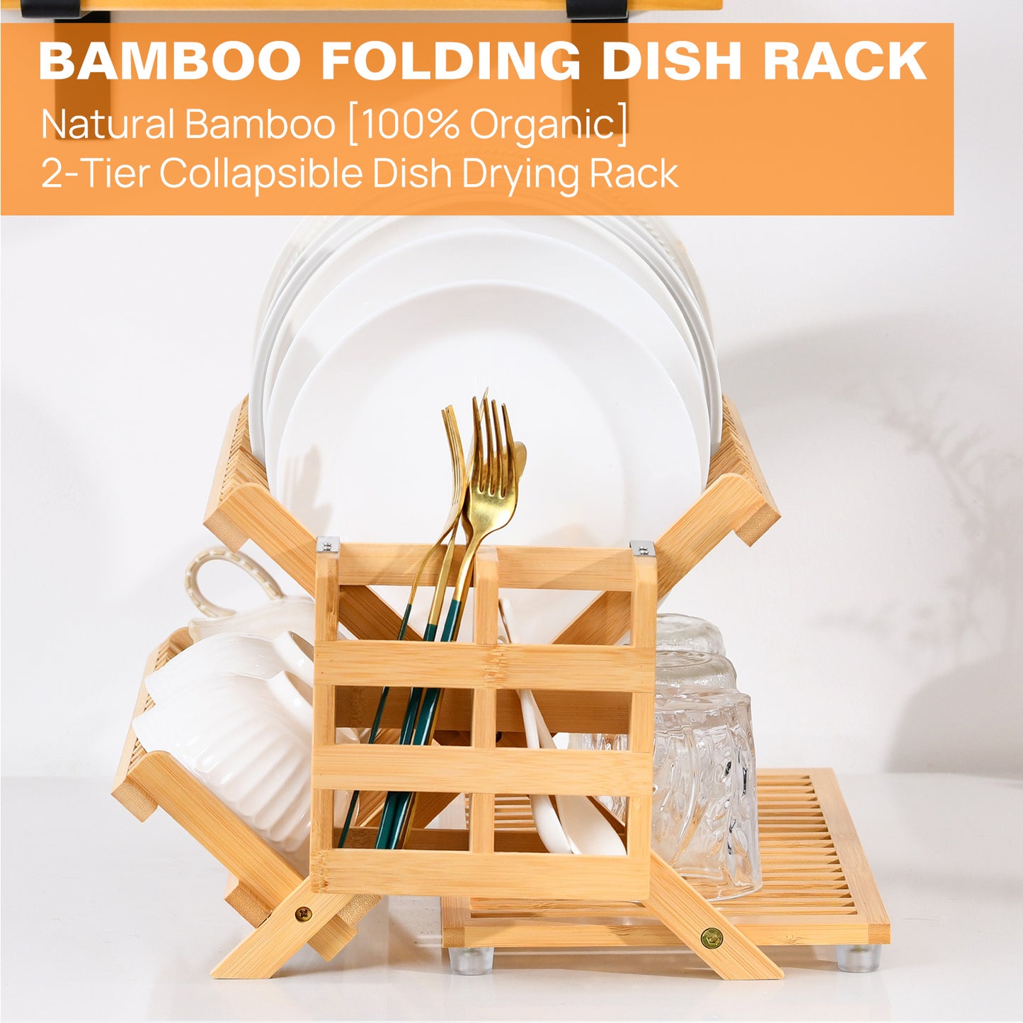 Bamboo Dish Rack, 3-Tier Foldable Wood Dish Drying Rack 16.14""L X 12.99""W X 4.33""H, For Kitchen Counter - Space-Saving Organizer With Utensil Holder, Perfect For Small Kitchens And Apartments