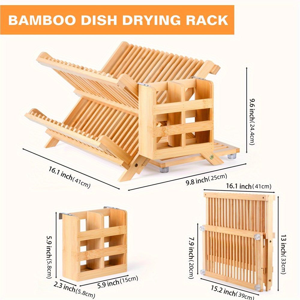 Bamboo Dish Rack, 3-Tier Foldable Wood Dish Drying Rack 16.14""L X 12.99""W X 4.33""H, For Kitchen Counter - Space-Saving Organizer With Utensil Holder, Perfect For Small Kitchens And Apartments