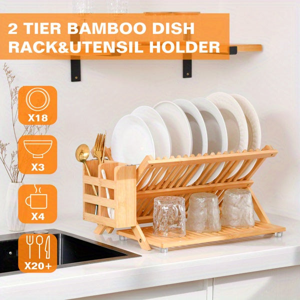 Bamboo Dish Rack, 3-Tier Foldable Wood Dish Drying Rack 16.14""L X 12.99""W X 4.33""H, For Kitchen Counter - Space-Saving Organizer With Utensil Holder, Perfect For Small Kitchens And Apartments