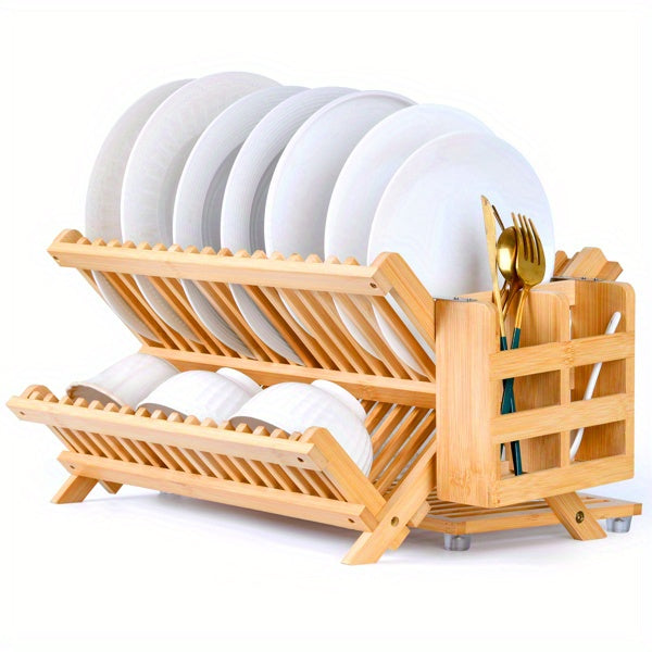 Bamboo Dish Rack, 3-Tier Foldable Wood Dish Drying Rack 16.14""L X 12.99""W X 4.33""H, For Kitchen Counter - Space-Saving Organizer With Utensil Holder, Perfect For Small Kitchens And Apartments