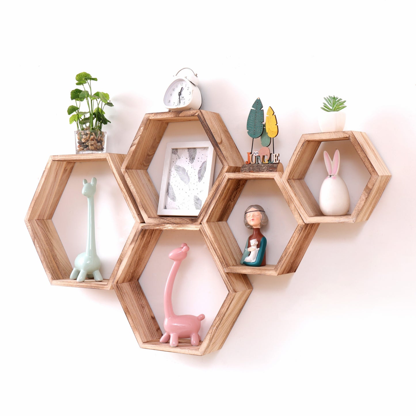 [Hexagon Floating Shelves] WONFUlity Hexagon Floating Shelves - Driftwood Finish Wall Mounted Wood Farmhouse Storage Shelf - For Bathroom, Kitchen, Bedroom, Living Room