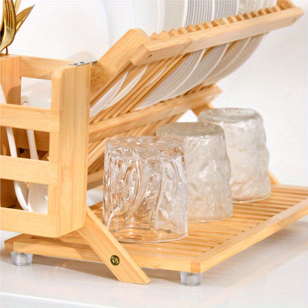 Bamboo Dish Rack, 3-Tier Foldable Wood Dish Drying Rack 16.14""L X 12.99""W X 4.33""H, For Kitchen Counter - Space-Saving Organizer With Utensil Holder, Perfect For Small Kitchens And Apartments